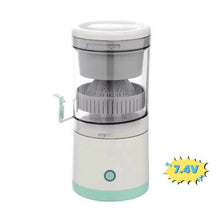 Portable citrus juicer in white and mint with clear pulp container and cone