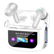 White touch-screen earbuds charging case with two earbuds and screen lock display