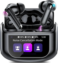 Black touch-screen earbuds charging case with two earbuds and mode display