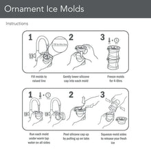 Ice mold instruction diagram with numbered steps for filling and removing silicone caps