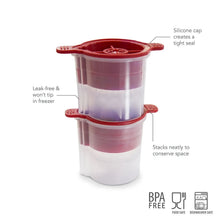 Stackable ice mold containers with red silicone caps and tight-seal lids