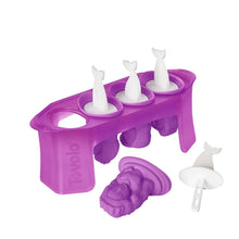 Purple pop ice mold with four upright animal shapes and a curved fish mold piece
