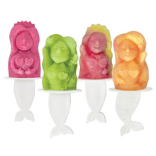 Set of 4 pop ice molds with mermaid and animal shapes, pink, green, and orange