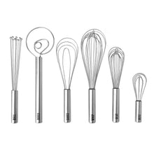 6-piece stainless steel whisk set with different wire whisk shapes and loops.