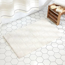 White tufted windowpane bath mat, plush pile with stitched border edges