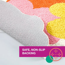 Bath mat edge close-up with textured gray backing and pink and yellow flowers