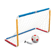 Kids soccer goal set with blue net, yellow posts, ball and hand pump