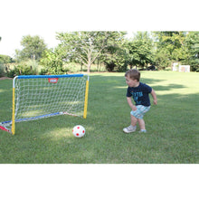 Outdoor toddler soccer goal with blue net, ball near goal, and pump accessory