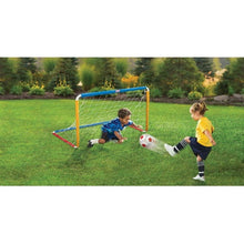 Toddler soccer goal with blue frame and net, soccer ball, and pump
