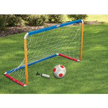 Kids soccer goal set with blue net, yellow posts, soccer ball and white pump