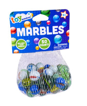 Multicolor marble toy set pouch with 50 marbles in clear mesh bag