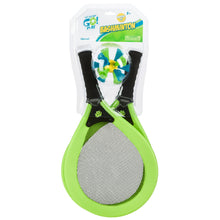 Green and black bashminton paddles with mesh net, sold in blister package