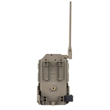 Gray trail camera back panel with vent grille, ports, and external antenna