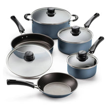 Tramontina non-stick cookware set, blue pots and pans with black handles and lids