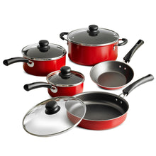 Red nonstick cookware set with glass lids and black handles, pans and covered pot