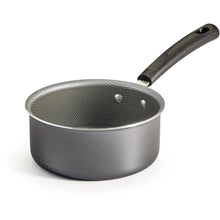 Open sauce pan with textured nonstick interior and black handle, steel gray body