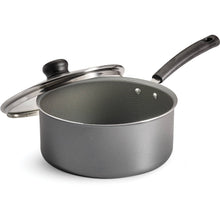 Gray nonstick covered sauce pan with stainless lid and black handle