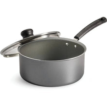 Gray non-stick covered sauce pan with glass lid and dark handle