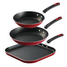 Tramontina nonstick fry pan and griddle set in metallic red with black handles