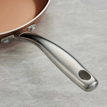 Nonstick pan handle with stainless-steel rivets and curved design