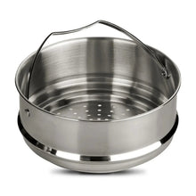Nonstick steamer insert with round rim and perforations, stainless-steel look