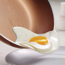 Nonstick skillet with glossy surface holding a sunny-side-up egg
