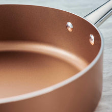 Nonstick copper pan interior with smooth rim and reflective stainless-steel edge