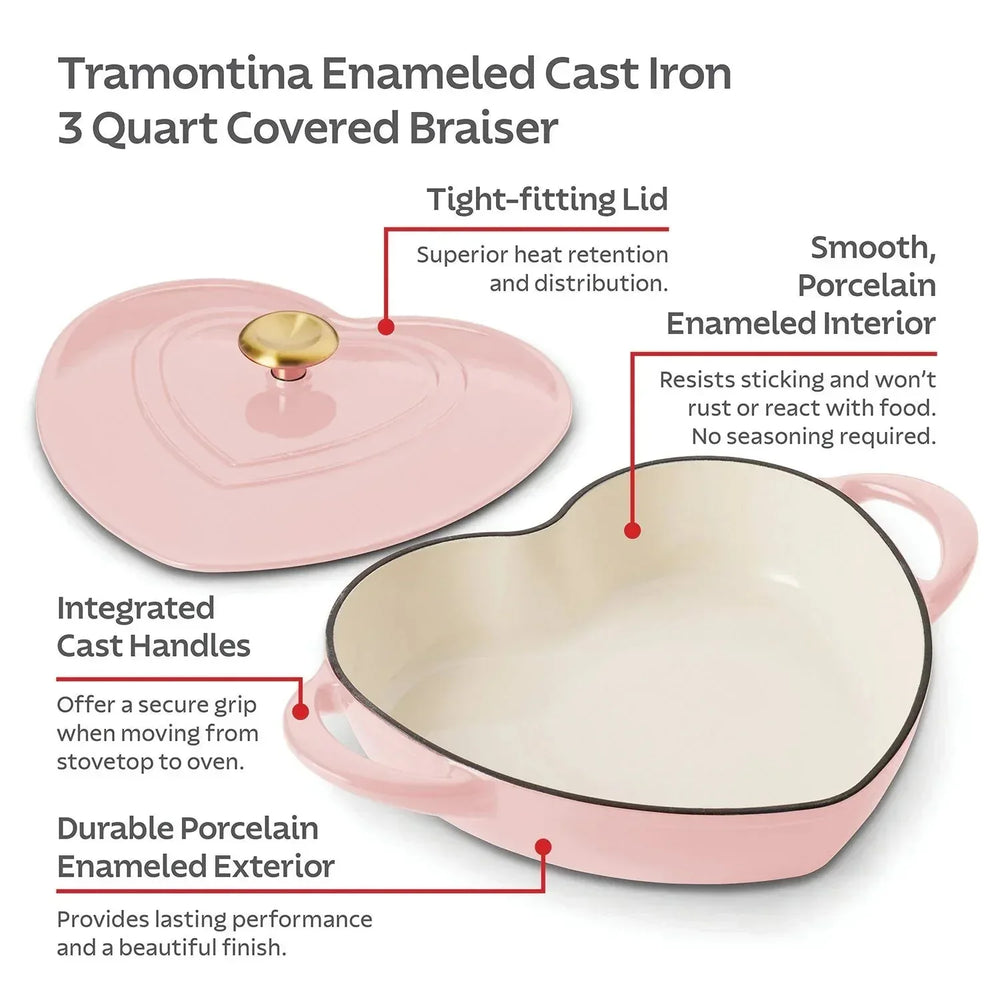 Tramontina 3-Quart Heart Shape Enameled Cast Iron Dutch Oven (Shallow, Oven Safe) - USA MEGA SHOP