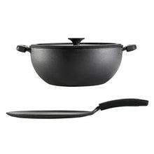 Cast iron deep pot with two side handles and matching lid, black finish