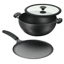 Cast iron deep pot with glass lid and two side handles plus flat tawa