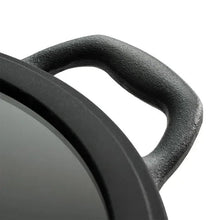 Cast iron side handle with rivet mounts and curved metal grip