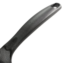 Cast iron pan handle, textured metal grip in dark gray
