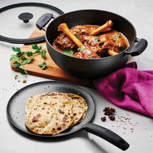 Cast iron kadai and flat tawa cookware set with matching lid and handles