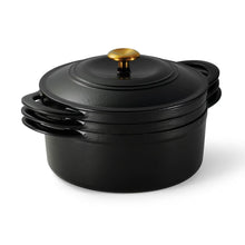 Black enamel cast iron covered pot with gold knob and side handles