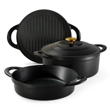 Black enamel cast iron cookware set with ribbed lid, covered pot, and skillet