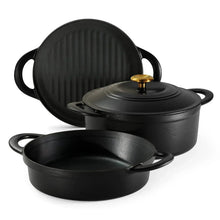 Black enamel cast iron cookware set with two lids, skillet, and handles