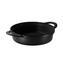 Black round cast iron pot with side handles and smooth enamel finish