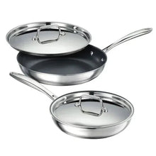 Covered frying pans set with dark nonstick interiors and stainless steel lids