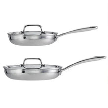Stainless steel frying pans with lids and loop handles, paired view