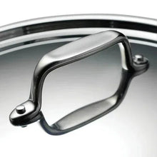 Stainless steel fry pan side with black handle and riveted attachment