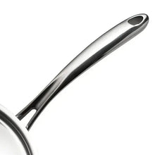 Stainless steel fry pan handle with black grip, side view