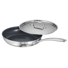 Frying pan set with dark nonstick interior, stainless rim, and matching lid