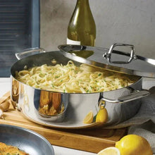 Covered stainless cooking pot with helper handle and side handles