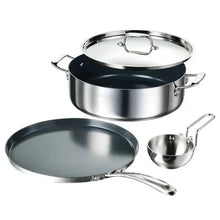 Stainless cookware set: covered casserole, frying pan, small pot, and ladle