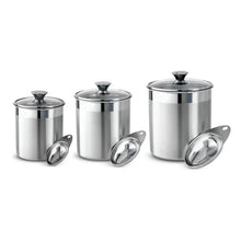 Stainless steel covered canisters with domed lids and attached scoop handles, set of 3