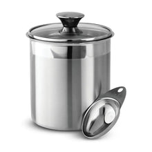 Stainless steel covered canister with domed lid and front measuring scoop