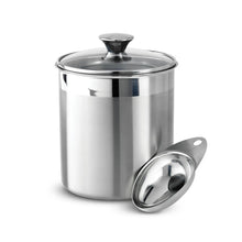 Stainless steel covered canister with domed lid and front scoop handle, angled view