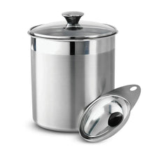 Stainless steel covered canister with domed lid and front measuring scoop, side view