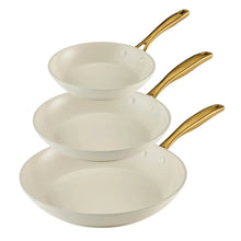 Cream ceramic fry pans with gold handles, three-piece stacked view