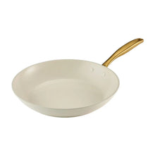 Cream ceramic interior fry pan with single gold handle